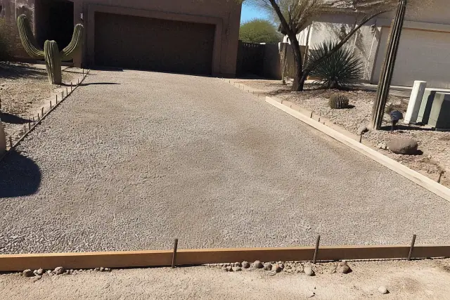 Concrete driveway subgrade preparation with gravel and steel reinforcement at a residential site in Tucson, AZ.