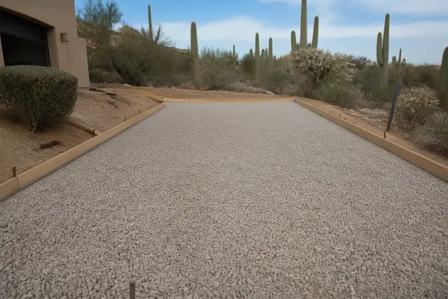 Gravel subgrade prepared for a new concrete driveway at a residential project in Oro Valley, AZ.