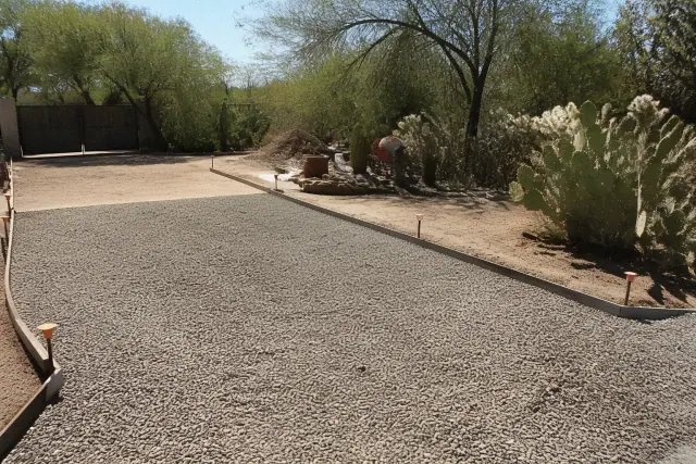Gravel base spread over a leveled driveway subgrade in Tanque Verde, AZ, with desert scrub in the background.