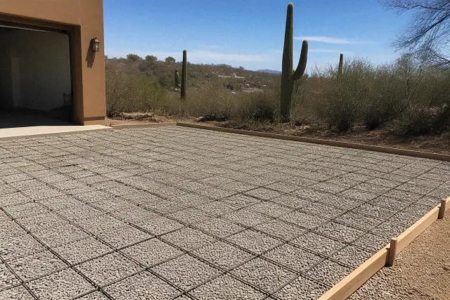 Leveled gravel base for a concrete driveway with a steel reinforcement grid in Casas Adobes, AZ.