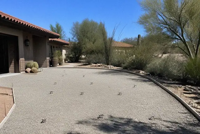 Leveled gravel driveway base with steel rebar spacers ready for concrete installation in Green Valley, AZ.
