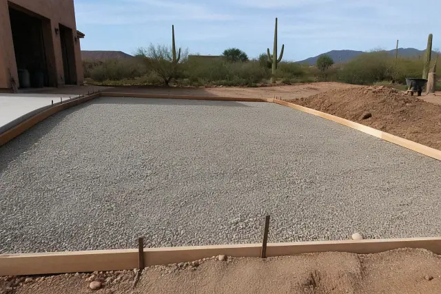 Concrete driveway subgrade preparation with gravel base and steel grid in a residential yard in Flowing Wells, AZ.