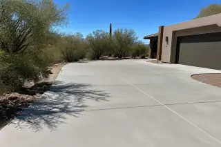 Finished concrete driveway under bright desert sunlight in Tucson, AZ, with creosote bushes in the background.