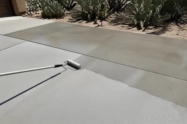 A roller brush applying a clear protective sealer to a concrete driveway in Tucson, AZ, with prickly pear cacti nearby.