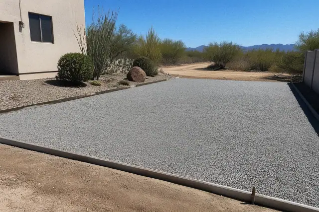 Gravel base prepared for a concrete driveway installation in Tucson, AZ.