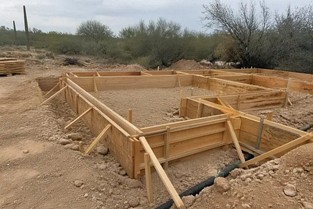 Wooden foundation formwork for a residential concrete project in Tanque Verde, AZ, set in the Sonoran desert.