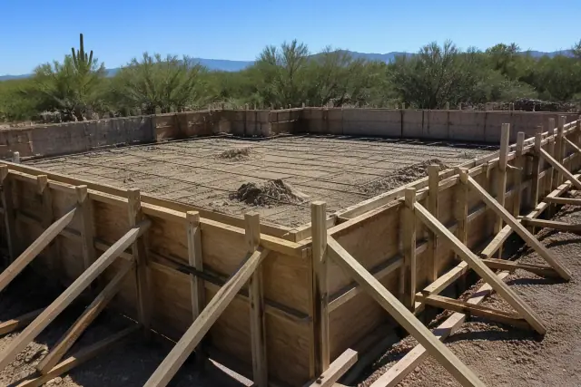 Wooden foundation formwork with reinforcement bars at a construction site in Sahuarita, AZ.