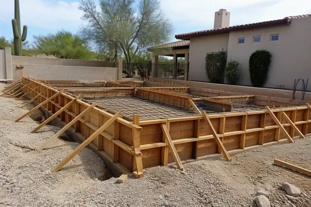 Concrete foundation footings with wooden formwork and steel rebar at a residential site in Casas Adobes, AZ.