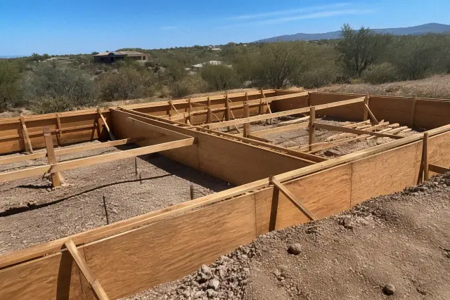 Wooden concrete foundation formwork on a desert jobsite in Green Valley, AZ.