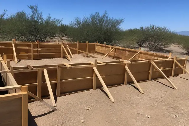 Wooden formwork for concrete foundations and footings at a construction site in Flowing Wells, AZ.
