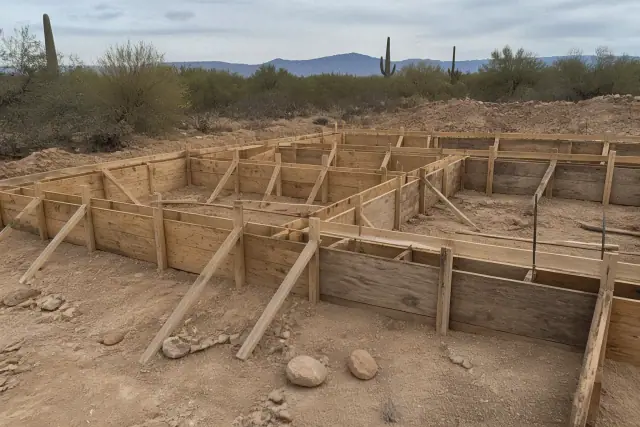 Wooden foundation formwork for a residential build with desert landscaping in Marana, AZ.