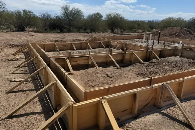 Wooden formwork for a concrete foundation at a jobsite in Vail, AZ, surrounded by desert landscape.