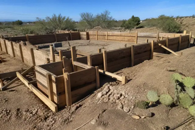 Concrete foundation forms with reinforcement bars at a construction site in Tucson, AZ, surrounded by desert landscape.