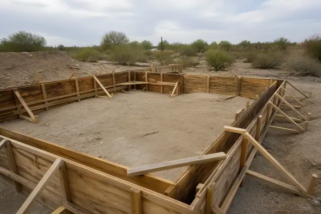 Wooden foundation forms for a concrete pour on a stony desert job site in Drexel Heights, AZ.