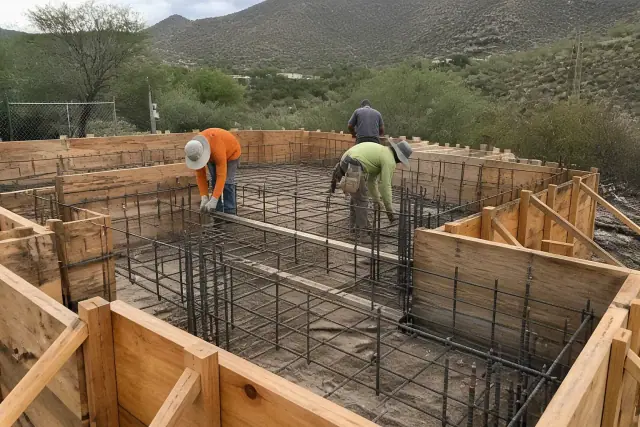 Steel rebar cage installation within wooden foundation forms at a jobsite in Catalina Foothills, AZ.