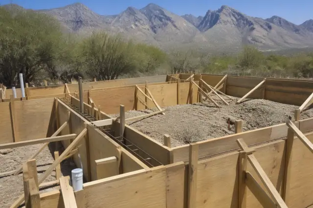 Concrete foundation forms and rebar at a residential construction site in Oro Valley, AZ.