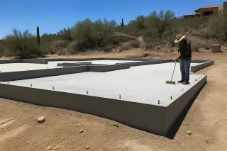 Contractor sweeping next to a finished concrete foundation with anchor bolts in a sunny Tucson, AZ desert landscape.