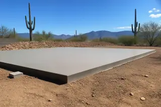 Completed concrete foundation pad with wooden formwork and Saguaro cacti in a Tucson, AZ desert landscape.