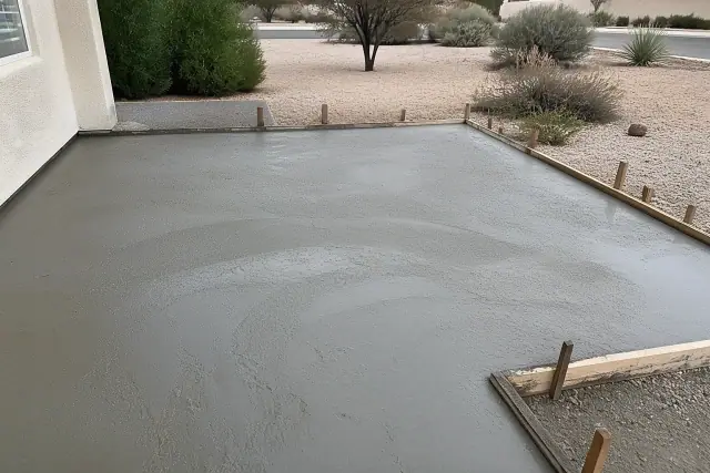 Freshly poured concrete patio inside wooden forms with desert landscape in the background in Drexel Heights, AZ.