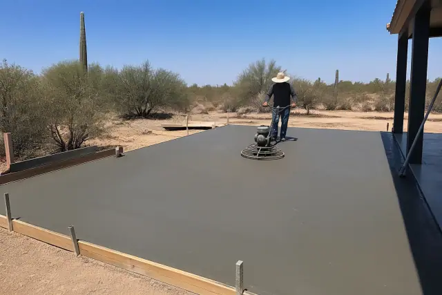 Worker using a power trowel to smooth fresh concrete on a patio installation project in Tucson, AZ.