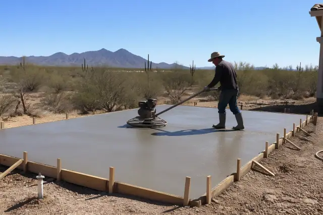 A worker uses a power trowel to smooth a wet concrete patio in Marana, AZ, with desert landscaping in the background.