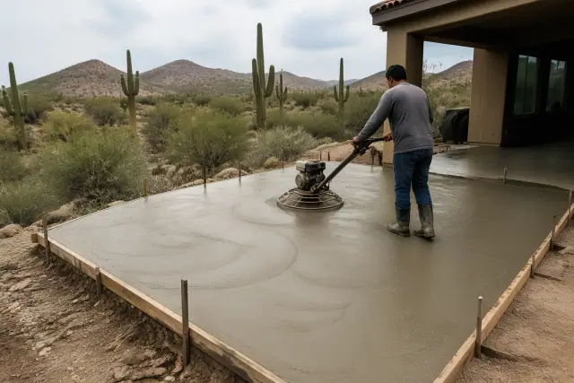 Worker using a power trowel to smooth fresh concrete on a patio project in Casas Adobes, AZ.