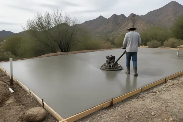 A worker using a power trowel to smooth wet concrete for a patio project in Tanque Verde, AZ.