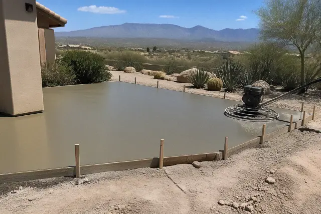 Fresh concrete being smoothed with a power trowel during a patio installation in Green Valley, AZ.