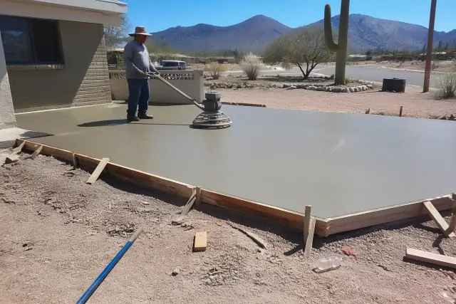 A worker uses a power trowel to smooth wet concrete inside wooden frames at a patio jobsite in Flowing Wells, AZ.