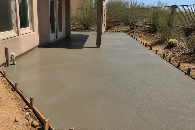 Freshly poured concrete patio with wet, textured surface inside wooden forms at a backyard in Sahuarita, AZ.