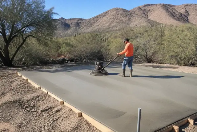 Worker using a power trowel to smooth fresh concrete on a patio project in Catalina Foothills, AZ.