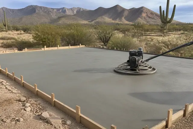 A power trowel smoothing wet concrete within wooden frames at a patio jobsite in Vail, AZ.