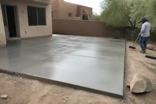 Worker sweeping near a finished concrete patio slab with stucco home and desert brush in Tucson, AZ.