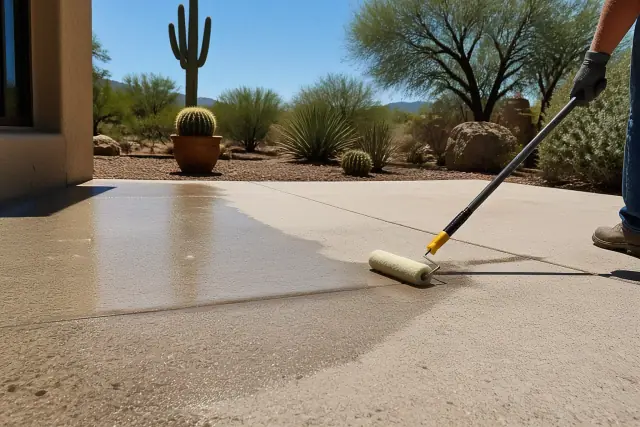 A roller brush applying a transparent protective sealer to a concrete patio in Tucson, AZ, with saguaro cacti nearby.