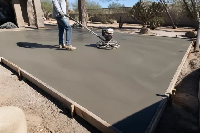 A worker uses a power trowel to smooth a wet concrete patio slab at a jobsite in Tucson, AZ.