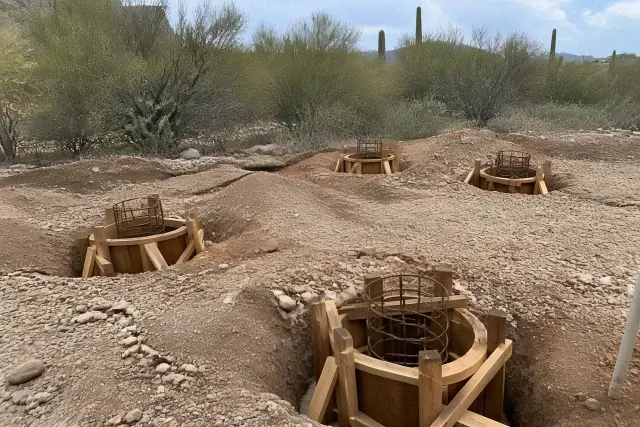 Concrete pier footing formwork and wooden bracing at a residential construction site in Tucson, AZ.