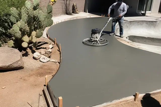 Freshly poured concrete pool deck with wooden forms and cactus landscaping in Tucson, AZ.