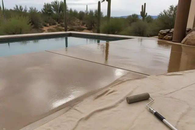 A contractor applies a glossy sealer to a concrete pool deck with a roller in Tucson, AZ, with saguaro cacti in the back.