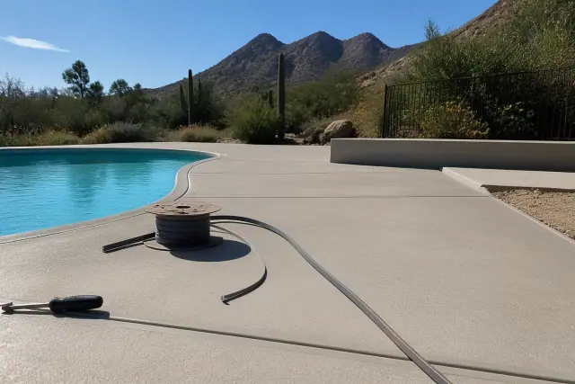 Concrete pool deck with precision expansion joints in front of Sonoran Desert mountains in Catalina Foothills, AZ.