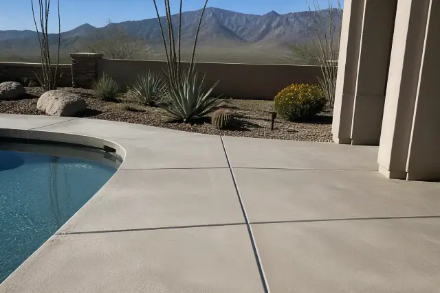 Flexible expansion joints installed in a concrete pool deck with desert mountains in the background in Sahuarita, AZ.