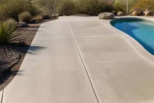 Finished concrete pool deck with expansion joints and desert landscaping in Green Valley, AZ.