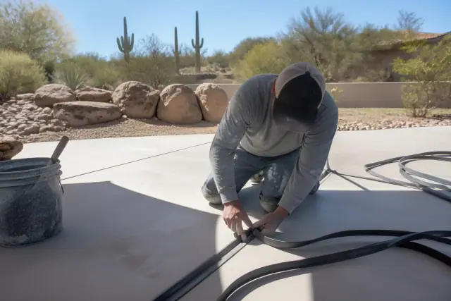 Flexible expansion joints installed between concrete pool deck segments at a construction site in Oro Valley, AZ.