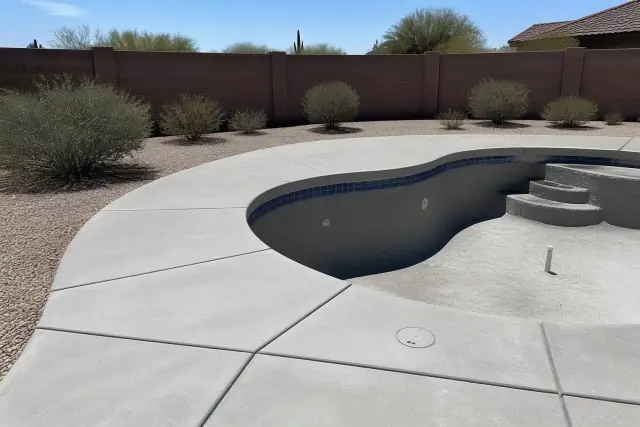 Concrete pool deck with expansion joints and desert landscaping in Drexel Heights, AZ.