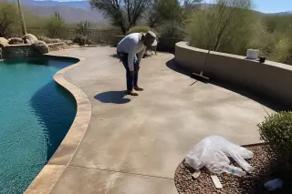 Worker cleaning near a finished concrete pool deck with Sonoran desert scrub in Tucson, AZ.