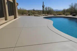 Finished gray concrete pool deck with clean expansion joints and a distant saguaro cactus in Tucson, AZ.