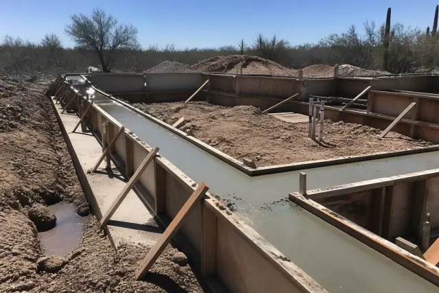 Concrete pouring and backfill for a foundation in Tucson, AZ, surrounded by desert scrub and wooden formwork.