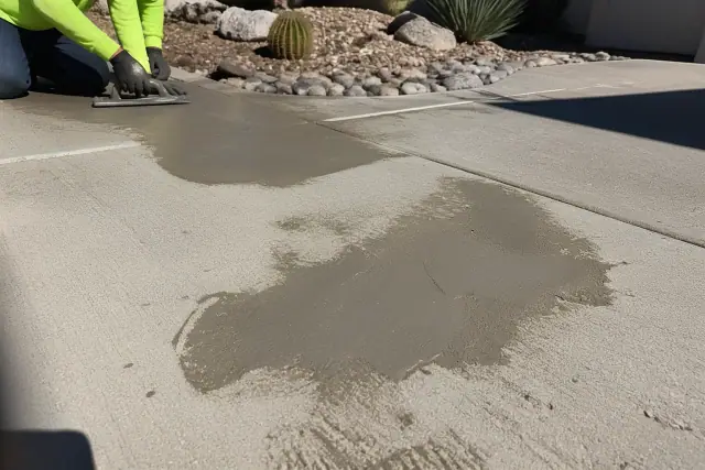 Contractor applying bonding compound to repair a concrete driveway in Tucson, AZ.