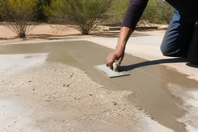 Technician troweling a bonding compound to repair pitted concrete in Flowing Wells, AZ.