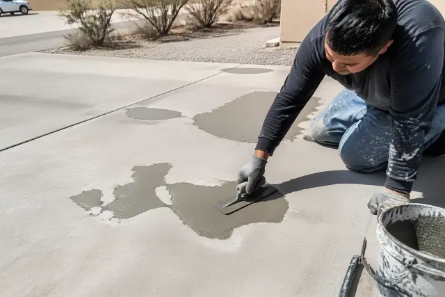 Contractor troweling bonding compound into pitted concrete on a driveway in Marana, AZ.