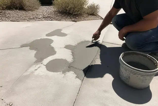 Worker using a metal trowel to patch a residential concrete driveway in Drexel Heights, AZ.